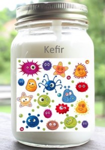 Jar with Kefir milk and happy cartoon bacteria